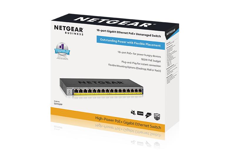 Netgear GS116PP 16-Port Gigabit Ethernet High-Power Unmanaged PoE+ Switch with FlexPoE (183W)